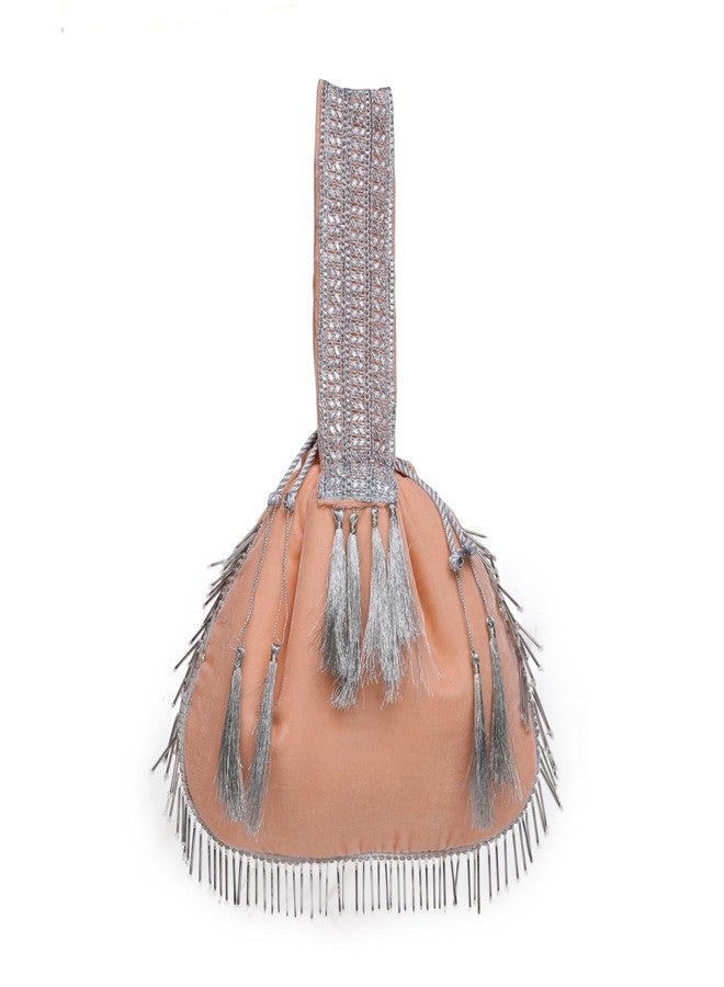 athizay Ethnic Handbags for Women Velvet potli bags Handcrafted Guitar Design (Peach, Silver) - Image 1